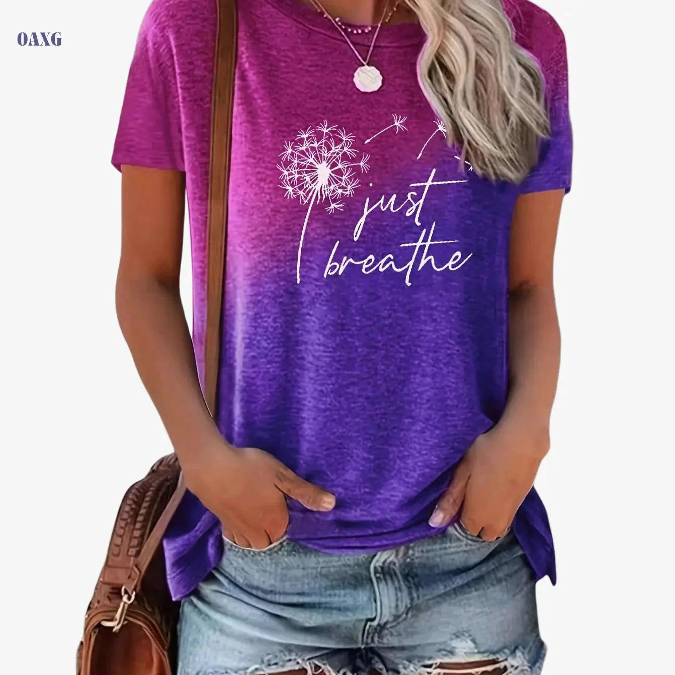 Just Breathe Women's Casual Crew Neck T-Shirt - Dandelion Print   OAXG Mixed Color / S