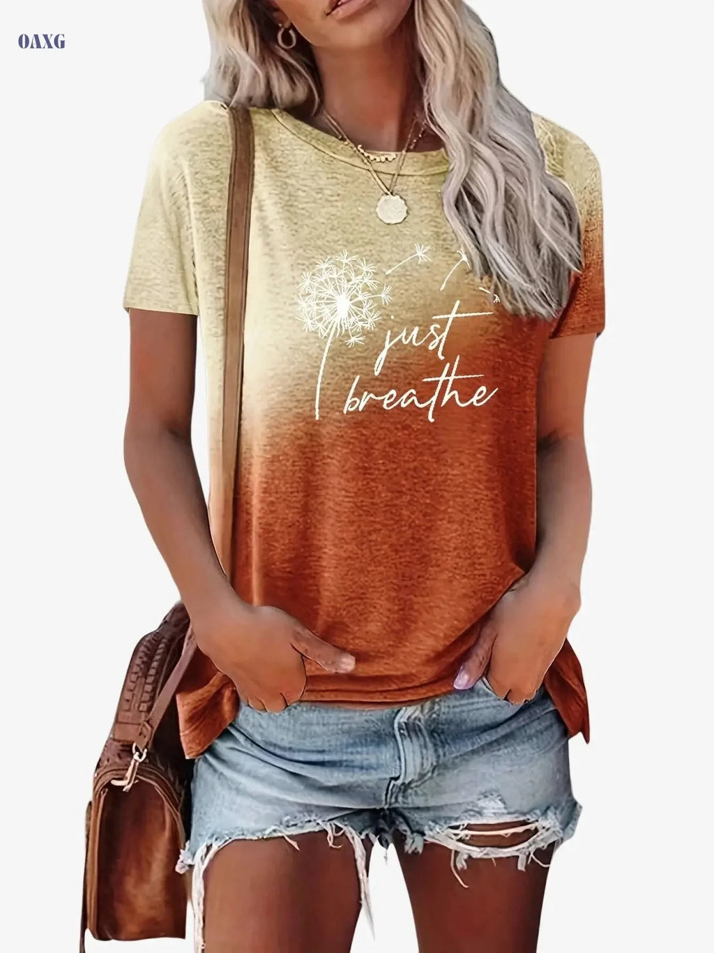 Just Breathe Women's Casual Crew Neck T-Shirt - Dandelion Print   OAXG 