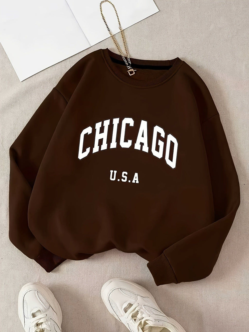 KCVR Letter Print Hooded Sweatshirt, Casual Long Sleeve Round Neck Athletic Sweatshirt for Fall Winter, Women'S Clothing   OAXG Coffee Brown / S