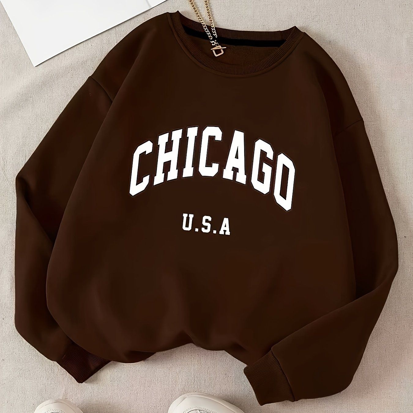 KCVR Letter Print Hooded Sweatshirt, Casual Long Sleeve Round Neck Athletic Sweatshirt for Fall Winter, Women'S Clothing   OAXG Coffee Brown / S