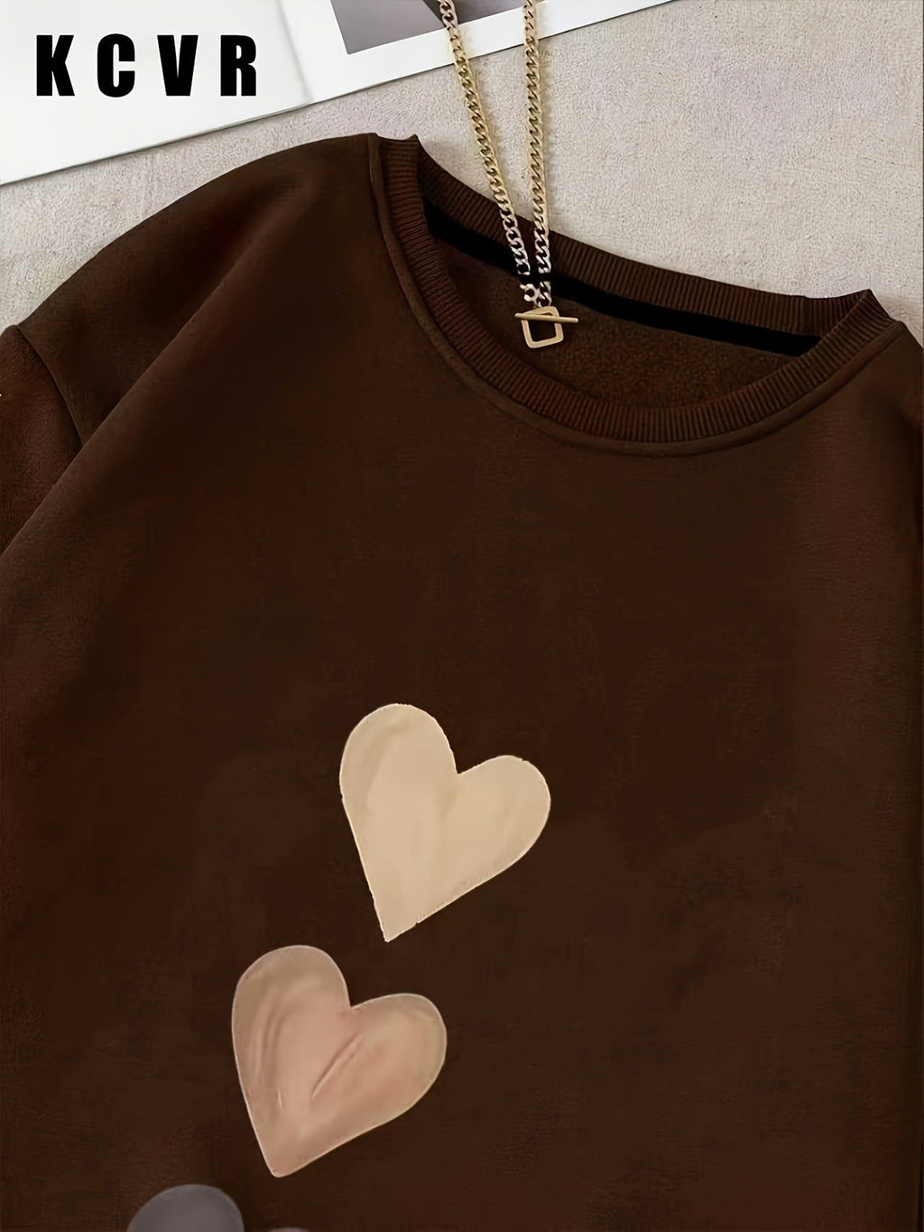 KCVR Women's Heart Print Pullover - Casual Loose Fit Top   OAXG Coffee Brown / S