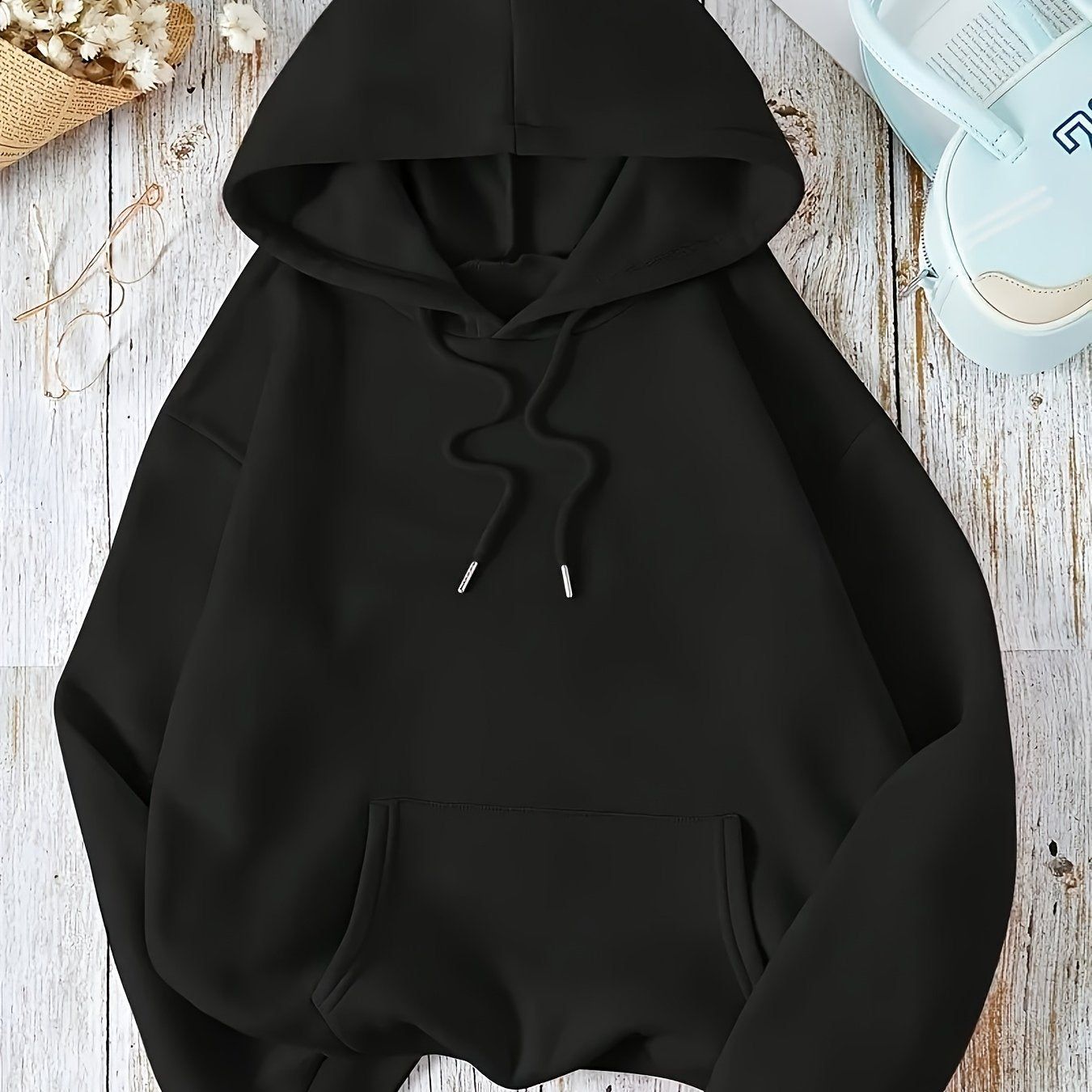 KCVR Women's Sport Solid Color Kangaroo Pocket Drawstring Thermal Lined Hoodie, Women's Autumn/Winter Casual Drawstring Pocket Long Sleeve Hoodie, Regular Fit Regular Drop Shoulder Pullover, Women's Hoodie, Long Sleeve Top, Loose Fit   OAXG