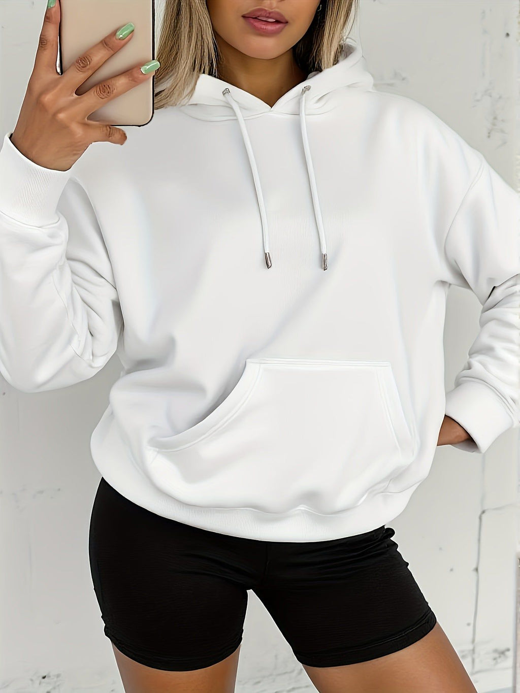KCVR Women's Sport Solid Color Kangaroo Pocket Drawstring Thermal Lined Hoodie, Women's Autumn/Winter Casual Drawstring Pocket Long Sleeve Hoodie, Regular Fit Regular Drop Shoulder Pullover, Women's Hoodie, Long Sleeve Top, Loose Fit   OAXG