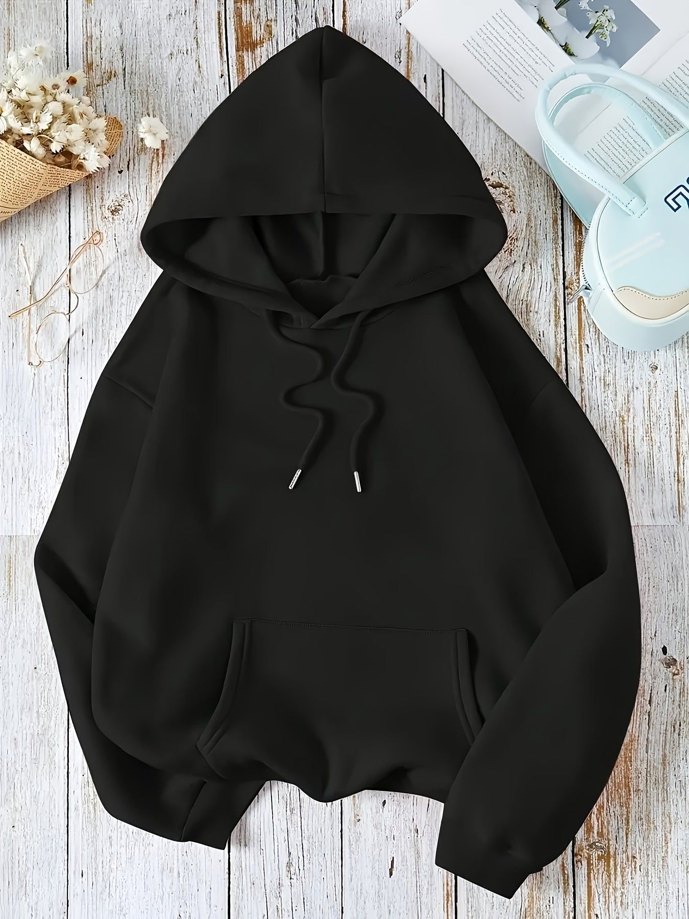 KCVR Women's Sport Solid Color Kangaroo Pocket Drawstring Thermal Lined Hoodie, Women's Autumn/Winter Casual Drawstring Pocket Long Sleeve Hoodie, Regular Fit Regular Drop Shoulder Pullover, Women's Hoodie, Long Sleeve Top, Loose Fit   OAXG