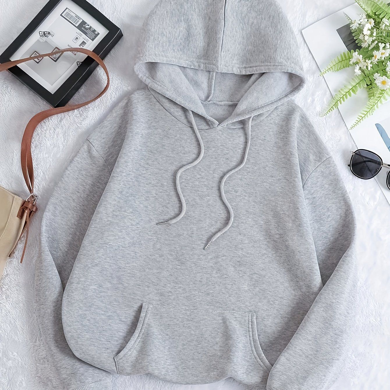 KCVR Women's Sport Solid Color Kangaroo Pocket Drawstring Thermal Lined Hoodie, Women's Autumn/Winter Casual Drawstring Pocket Long Sleeve Hoodie, Regular Fit Regular Drop Shoulder Pullover, Women's Hoodie, Long Sleeve Top, Loose Fit   OAXG