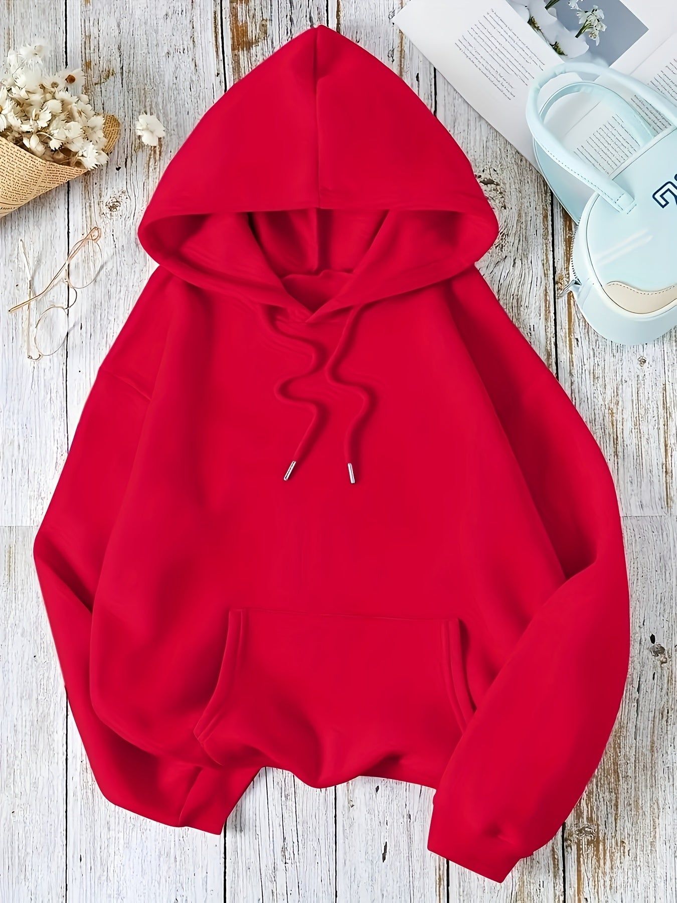 KCVR Women's Sport Solid Color Kangaroo Pocket Drawstring Thermal Lined Hoodie, Women's Autumn/Winter Casual Drawstring Pocket Long Sleeve Hoodie, Regular Fit Regular Drop Shoulder Pullover, Women's Hoodie, Long Sleeve Top, Loose Fit   OAXG