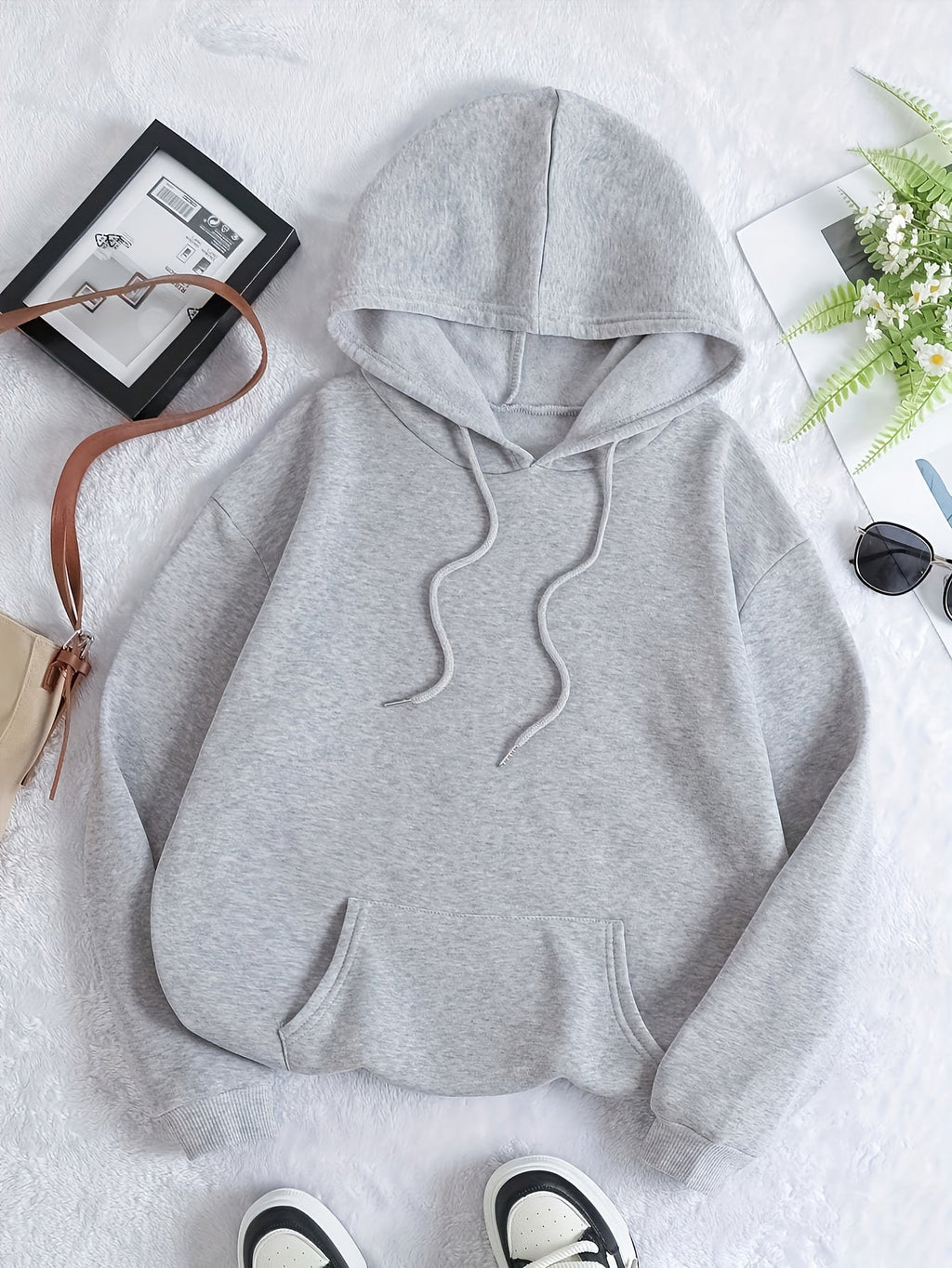 KCVR Women's Sport Solid Color Kangaroo Pocket Drawstring Thermal Lined Hoodie, Women's Autumn/Winter Casual Drawstring Pocket Long Sleeve Hoodie, Regular Fit Regular Drop Shoulder Pullover, Women's Hoodie, Long Sleeve Top, Loose Fit   OAXG