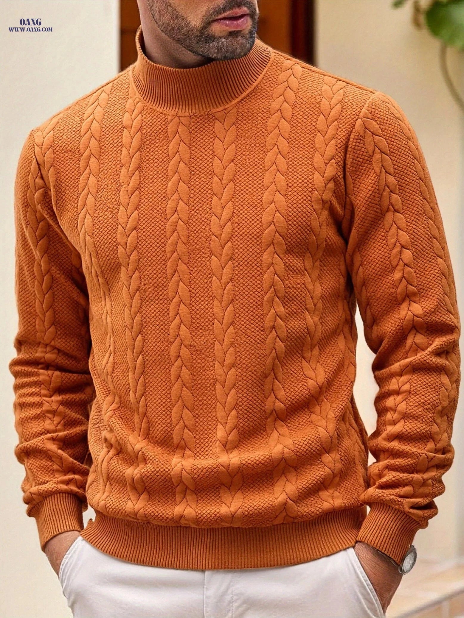 KJ-W02 Casual Knit Sweater for Men - High Neck, Warm & Stylish   OAXG Khaki / FR S