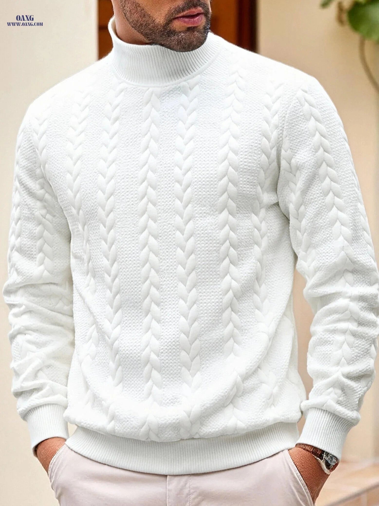 KJ-W02 Casual Knit Sweater for Men - High Neck, Warm & Stylish   OAXG Khaki / FR S