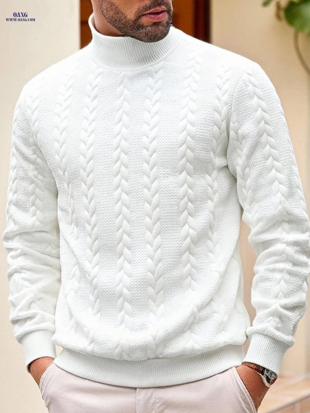 KJ-W02 Men's Autumn Winter Sweater - Casual Knit Top, High Neck   OAXG Khaki / FR S