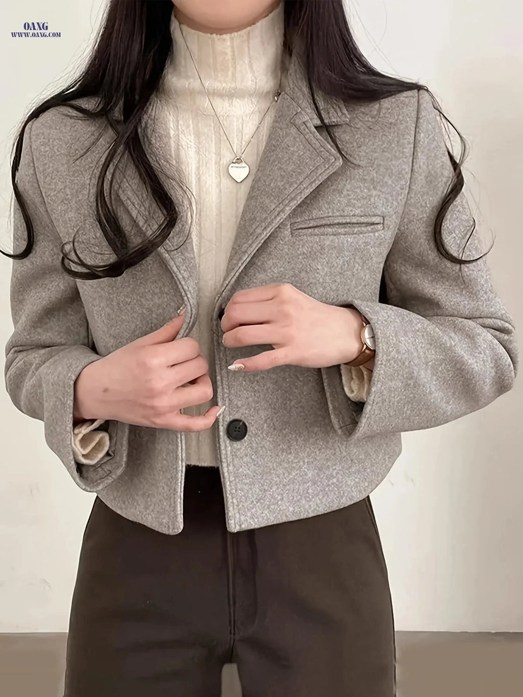 Korean-Style Vintage Short Suit Jacket - Elegant Minimalist Design   OAXG Khaki / Asian S