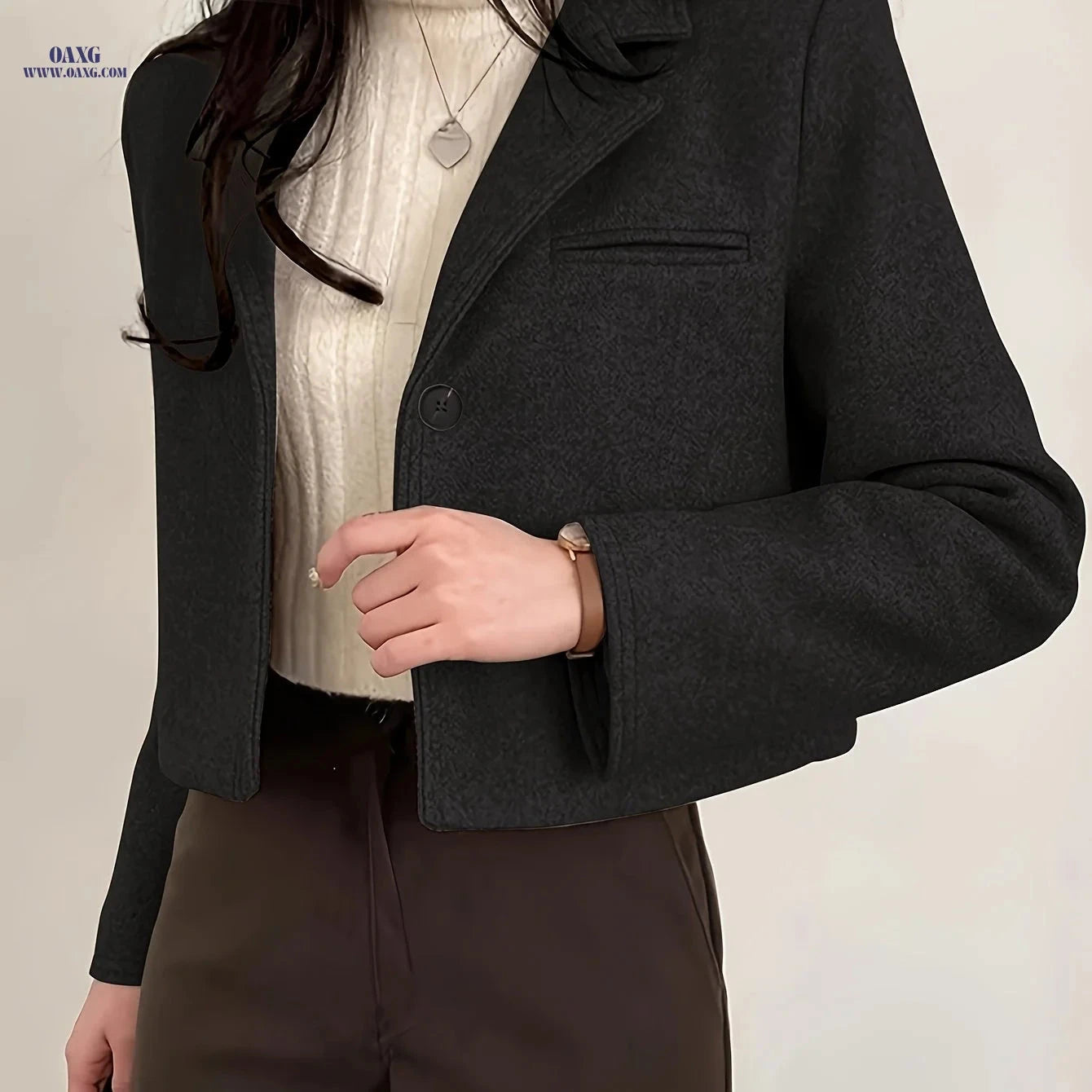 Korean-Style Vintage Short Suit Jacket - Elegant Minimalist Design   OAXG Khaki / Asian S