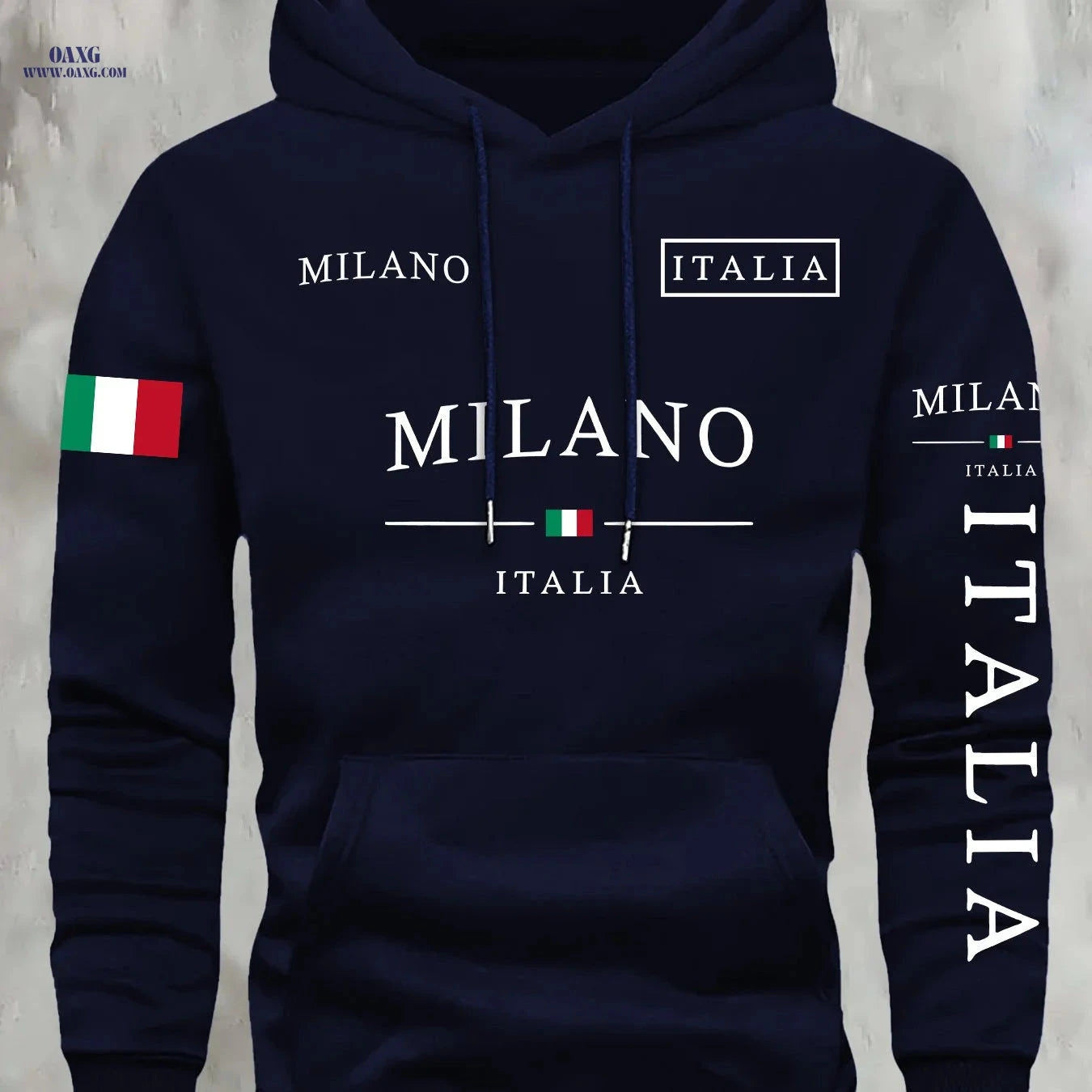 KOURRTER Men's Italian Flag Hooded Sweatshirt - Navy Blue, Casual Style   OAXG 