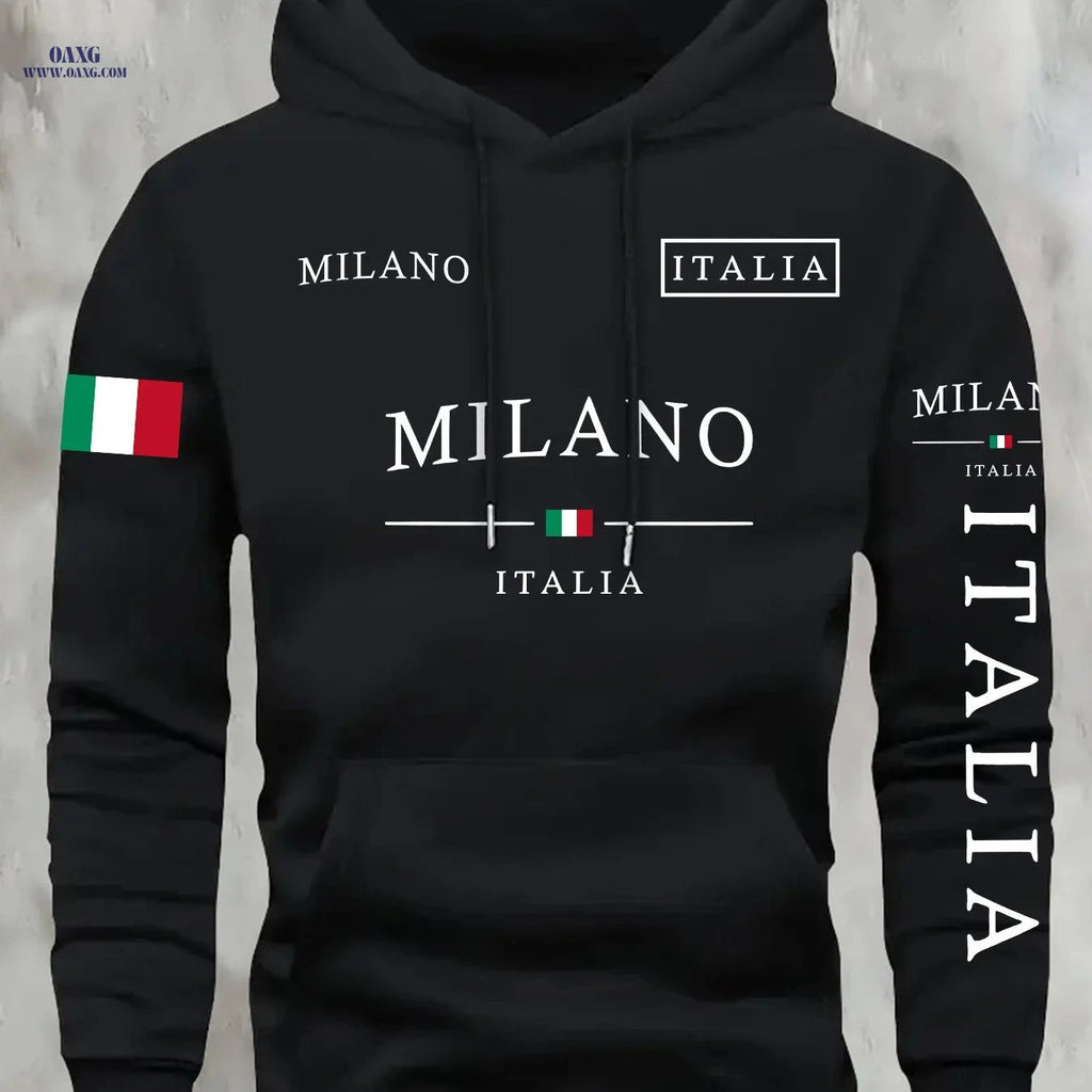 KOURRTER Men's Italian Flag Hooded Sweatshirt - Navy Blue, Casual Style   OAXG 