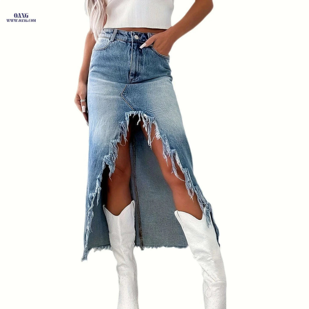 KYGABAK High Waist Irregular Denim Skirt - Casual Knee-Length Design   OAXG 