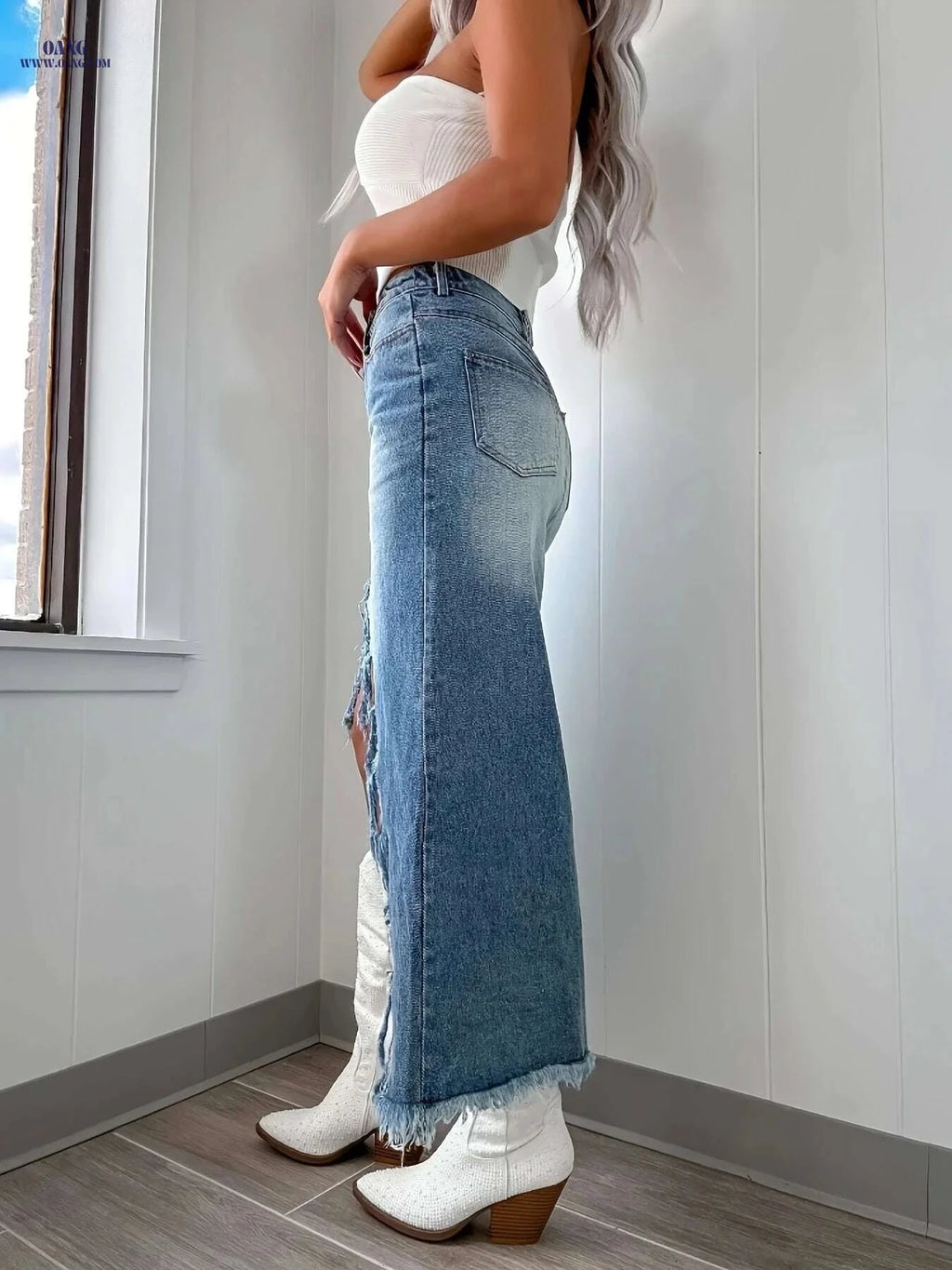 KYGABAK High Waist Irregular Denim Skirt - Casual Knee-Length Design   OAXG 