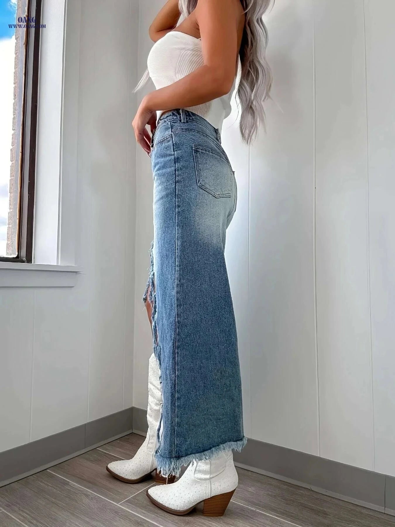 KYGABAK High Waist Irregular Denim Skirt - Casual Knee-Length Design   OAXG 
