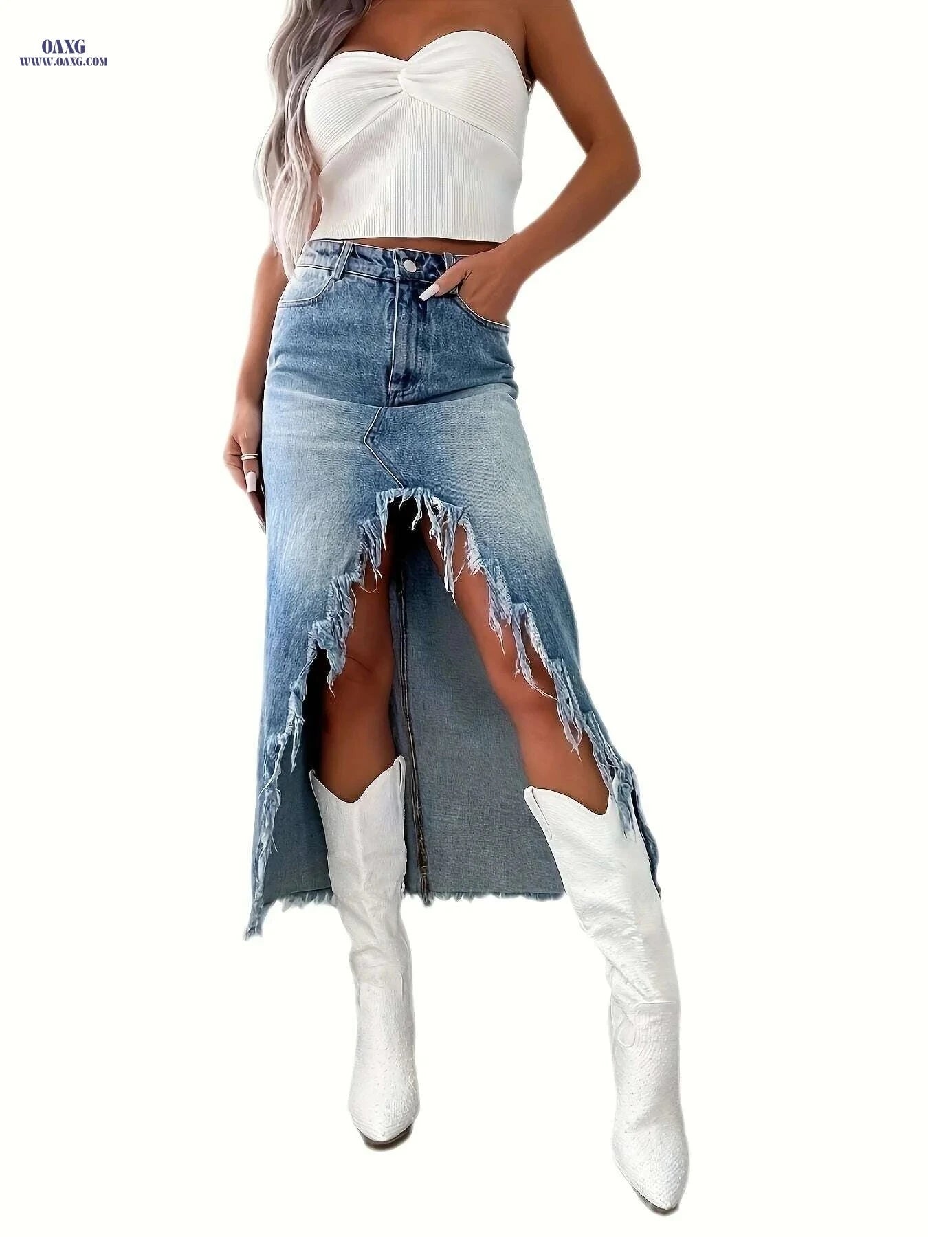 KYGABAK High Waist Irregular Denim Skirt - Casual Knee-Length Design   OAXG Blue / S