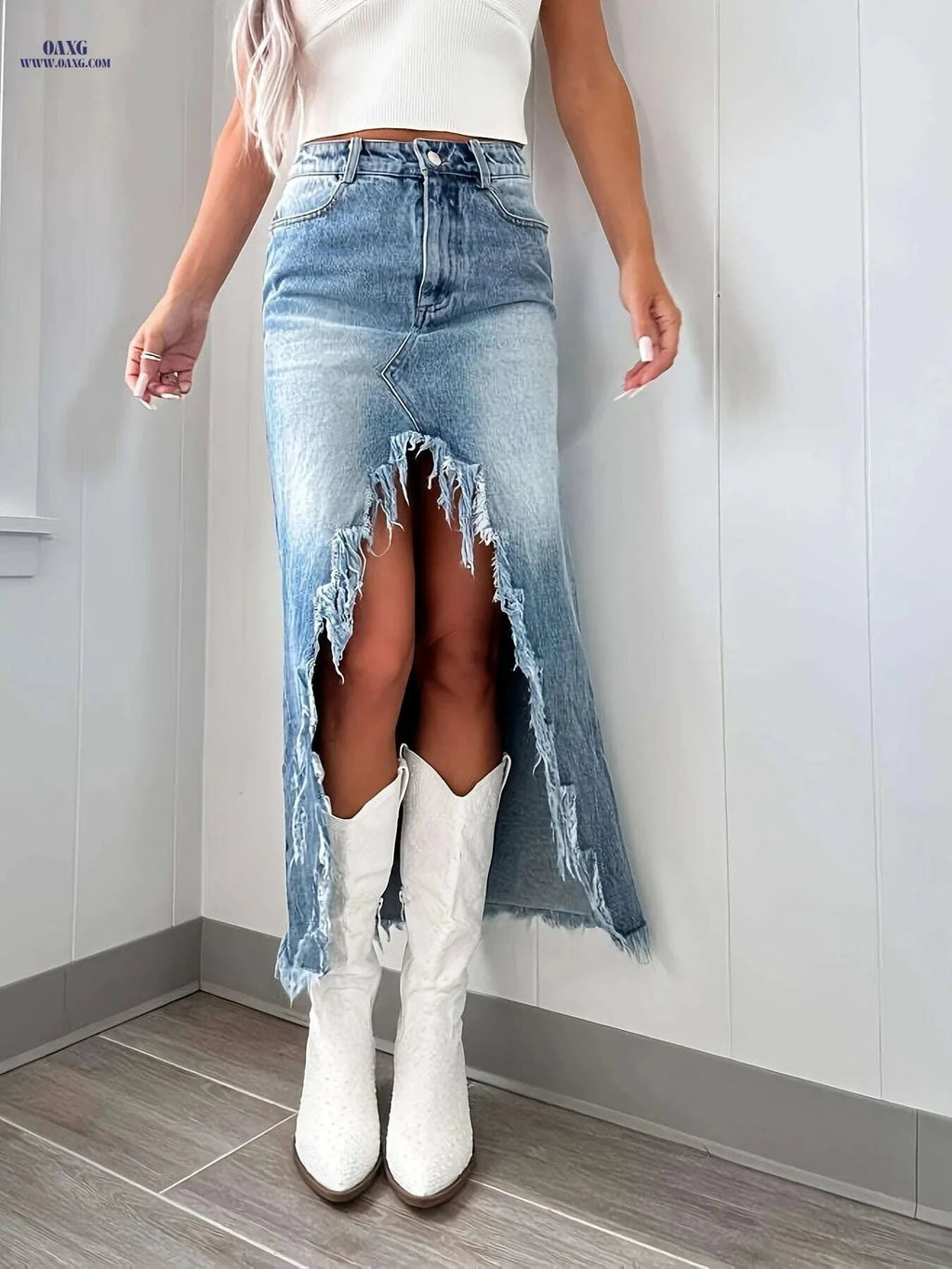 KYGABAK High Waist Irregular Denim Skirt - Casual Knee-Length Design   OAXG Blue / S
