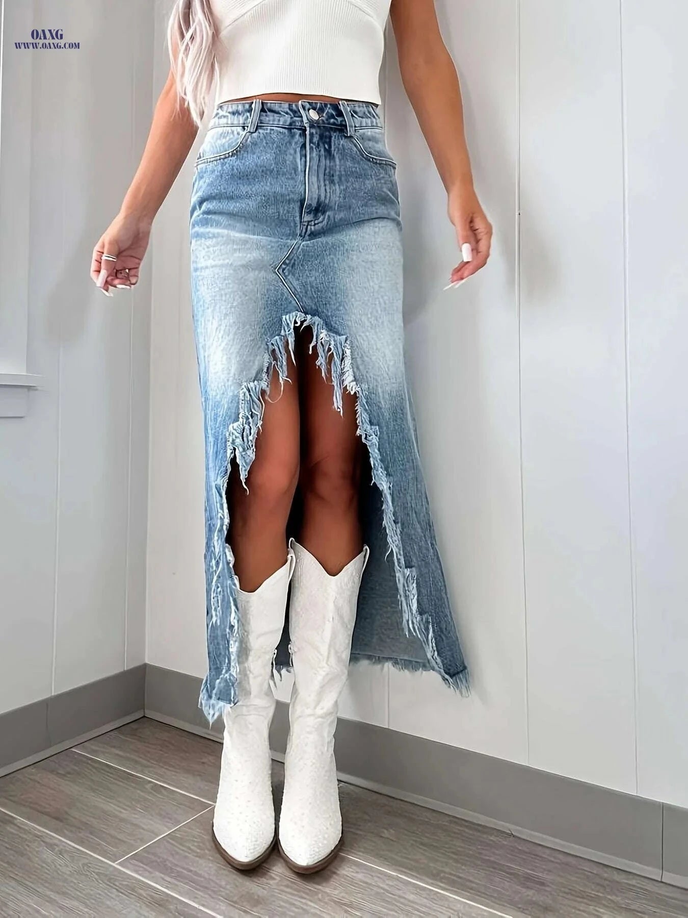 KYGABAK High Waist Irregular Denim Skirt - Casual Knee-Length Design   OAXG Blue / S