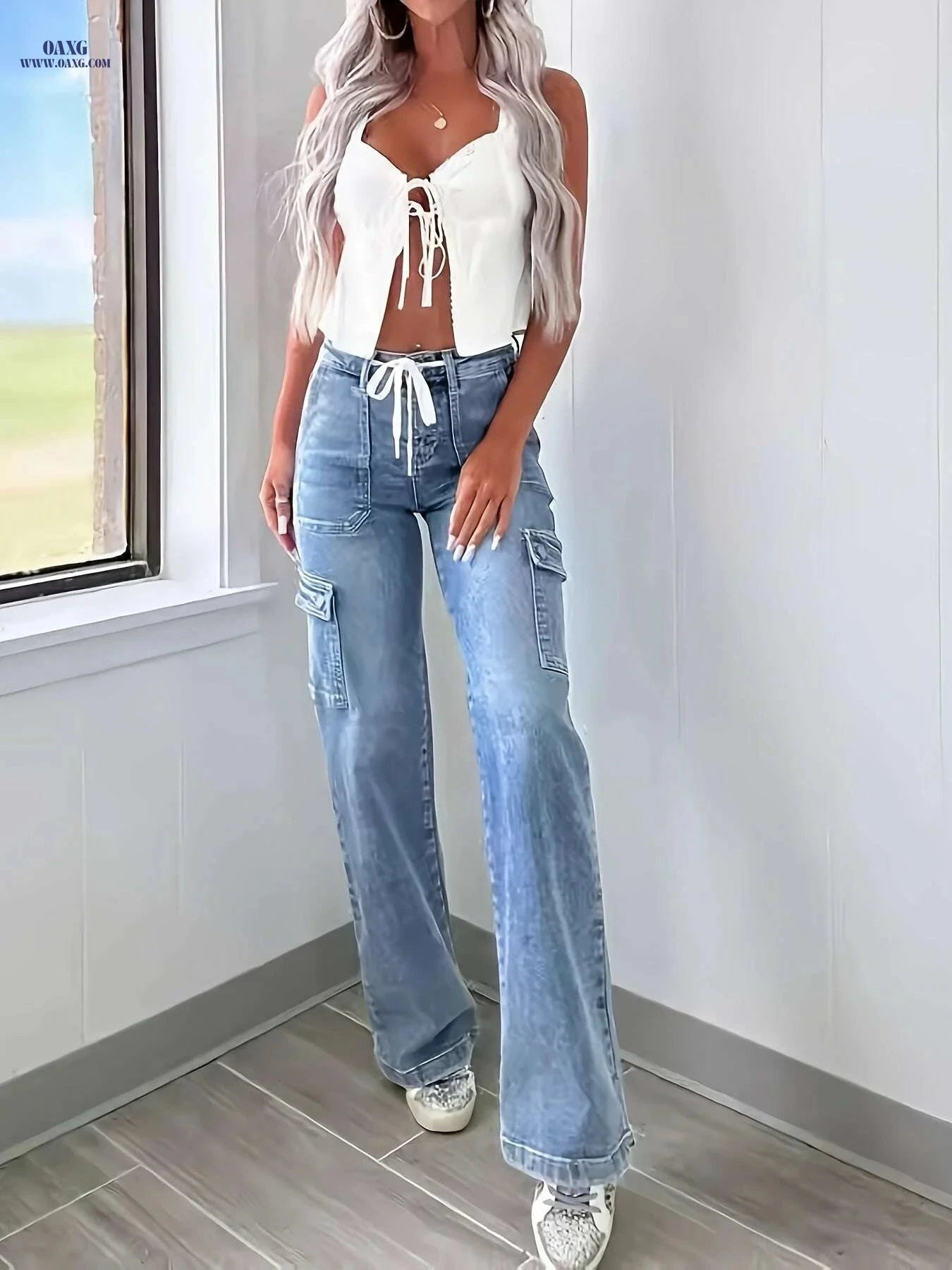 KYGABAK Women's Casual Denim Sweatpants - Straight-Leg with Pockets   OAXG Light Blue / S