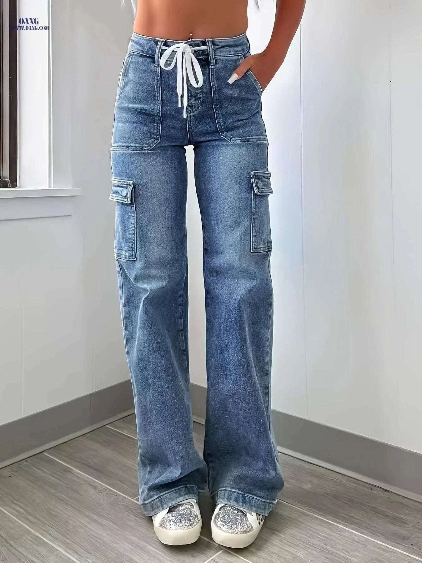 KYGABAK Women's Casual Denim Sweatpants - Straight-Leg with Pockets   OAXG Light Blue / S