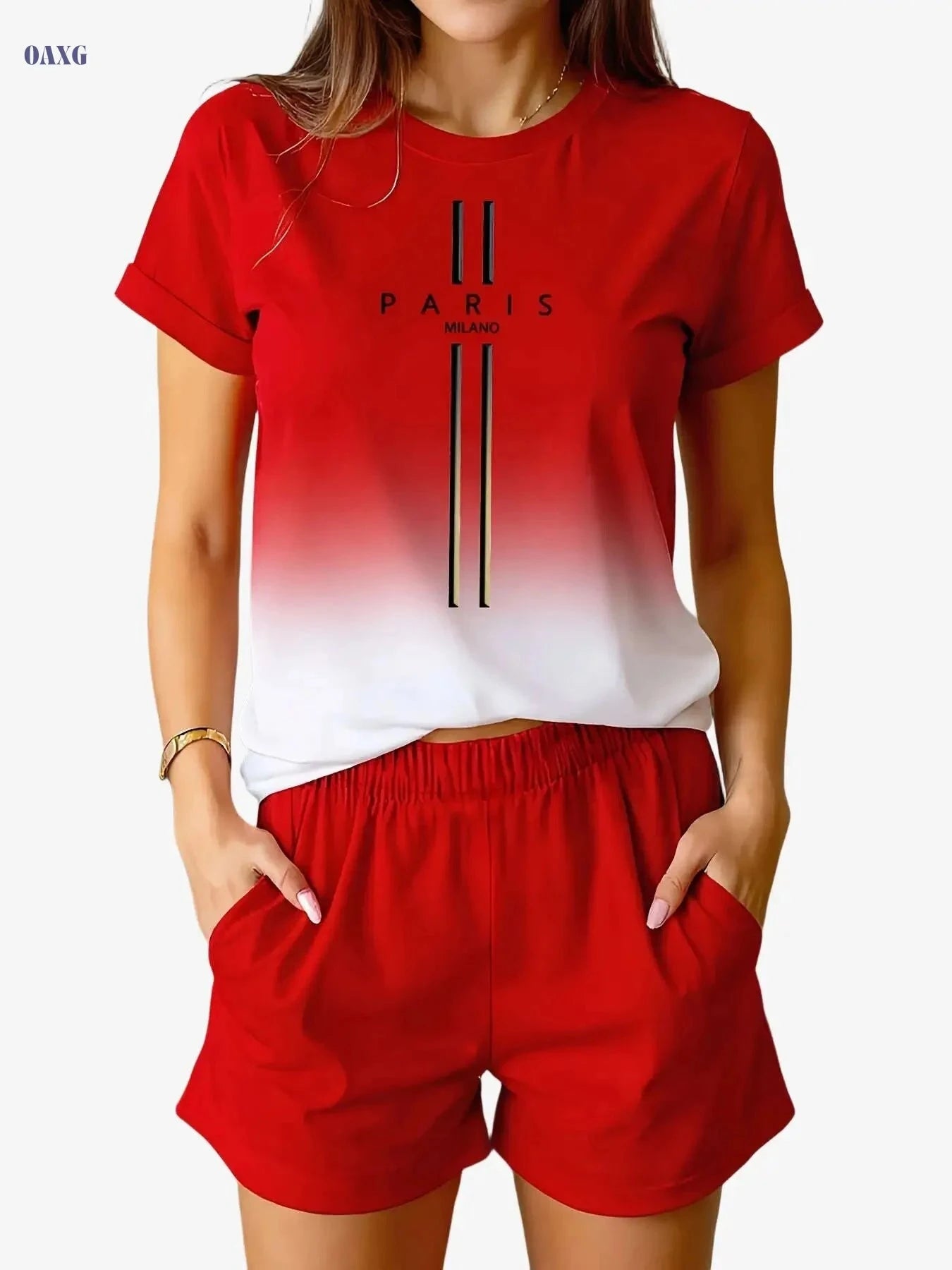 L558C45 Women's Casual Sports Set - Short-Sleeve, Gradient Design   OAXG Red / S