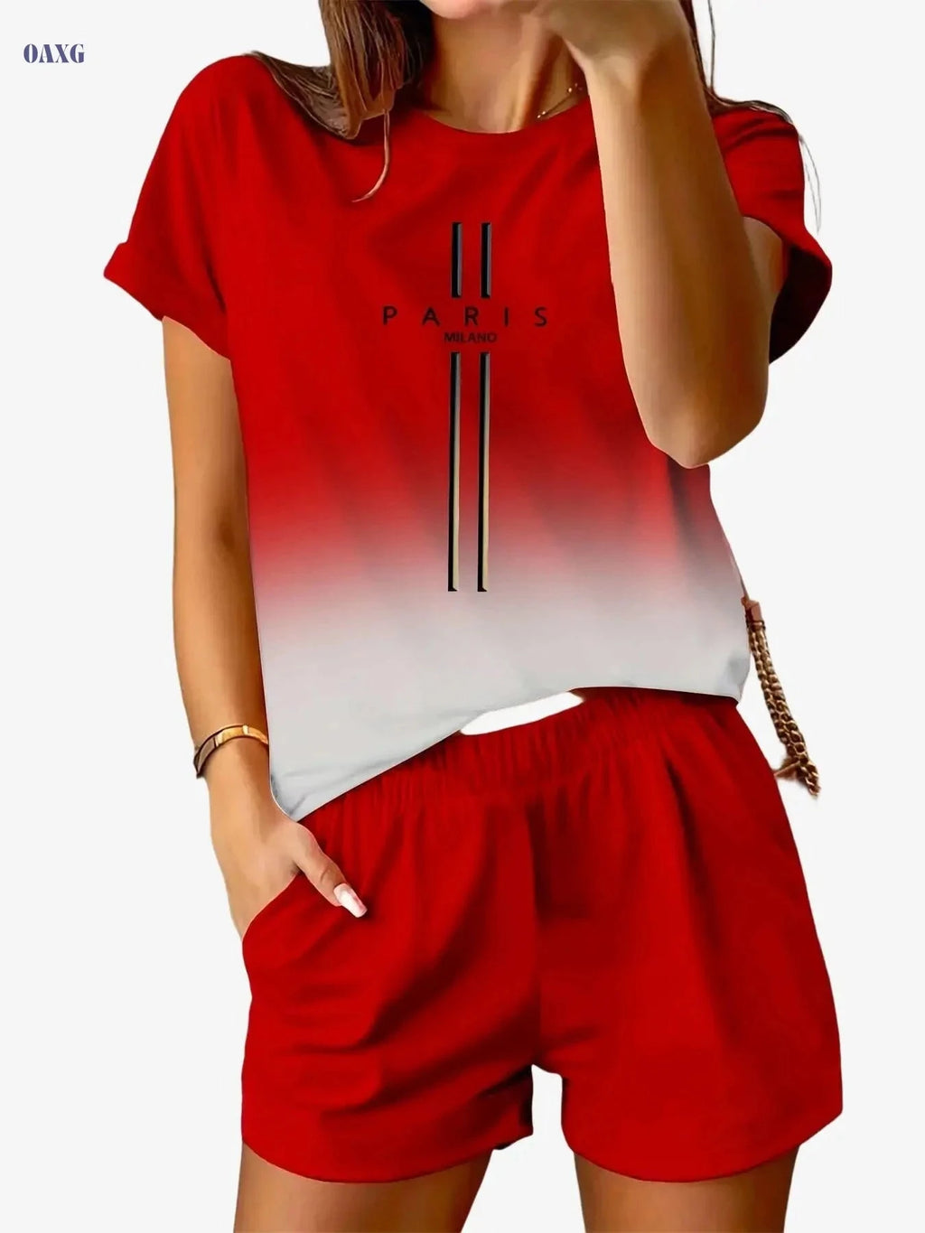 L558C45 Women's Casual Sports Set - Short-Sleeve, Gradient Design   OAXG Red / S