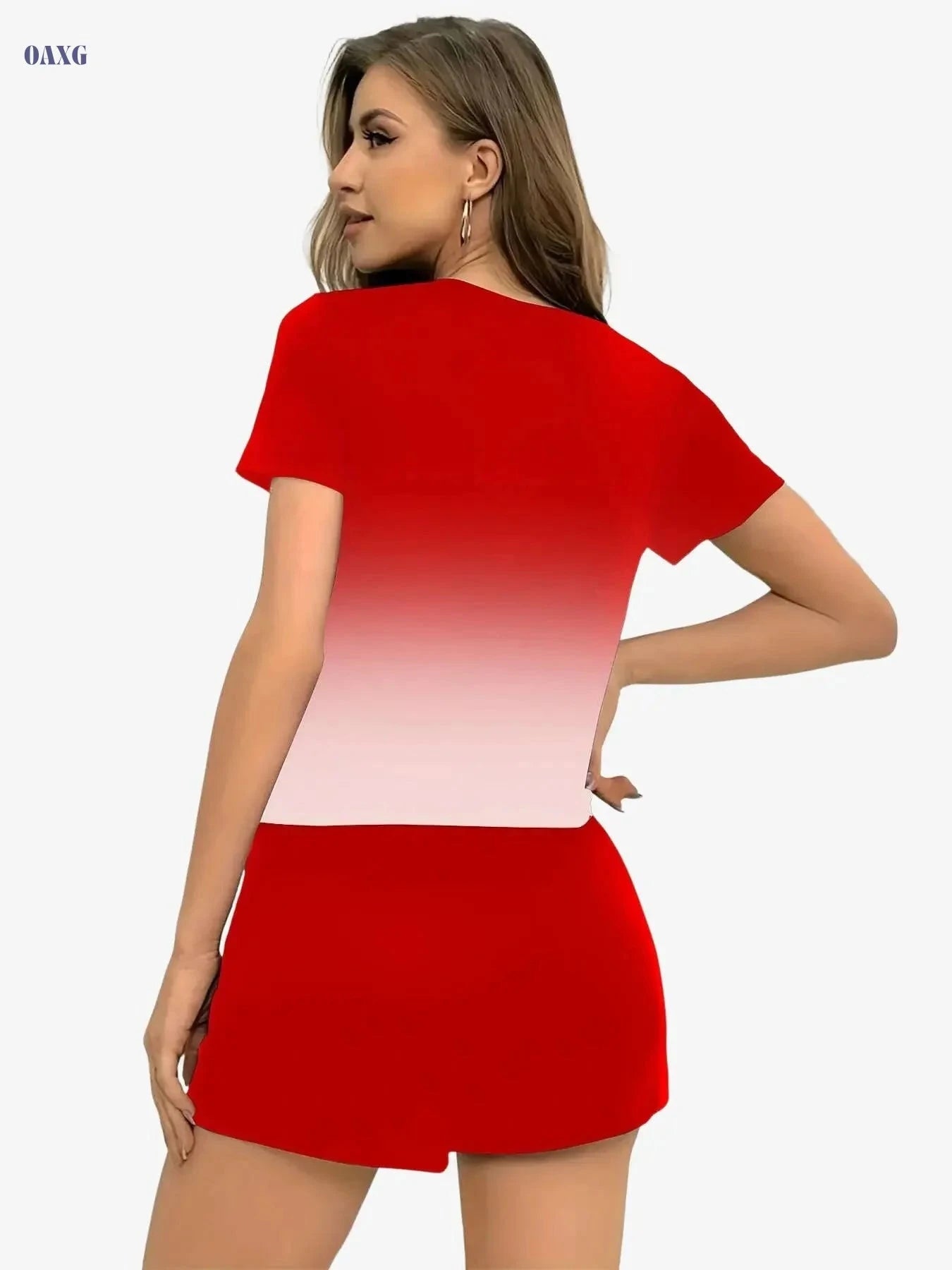 L558C45 Women's Casual Sports Set - Short-Sleeve, Gradient Design   OAXG Red / S