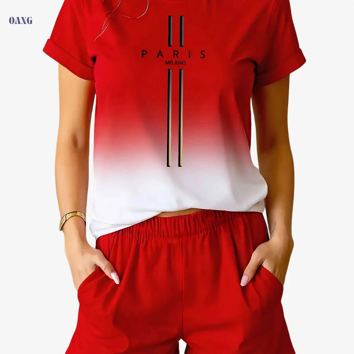 L558C45 Women's Casual Sports Set - Short-Sleeve, Gradient Design   OAXG 