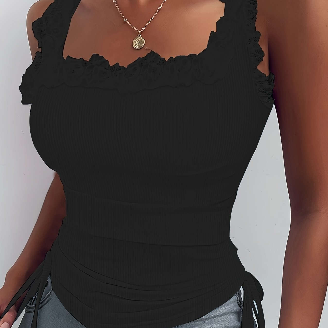Lace-Trimmed Square-Neck Tank Top - Drawstring Style for Summer   OAXG 