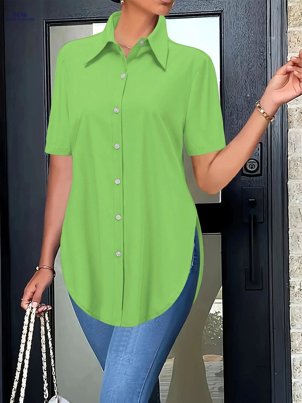 Ladies' Casual Solid Color Shirt - Lapel Collar, Button Details   OAXG White / S