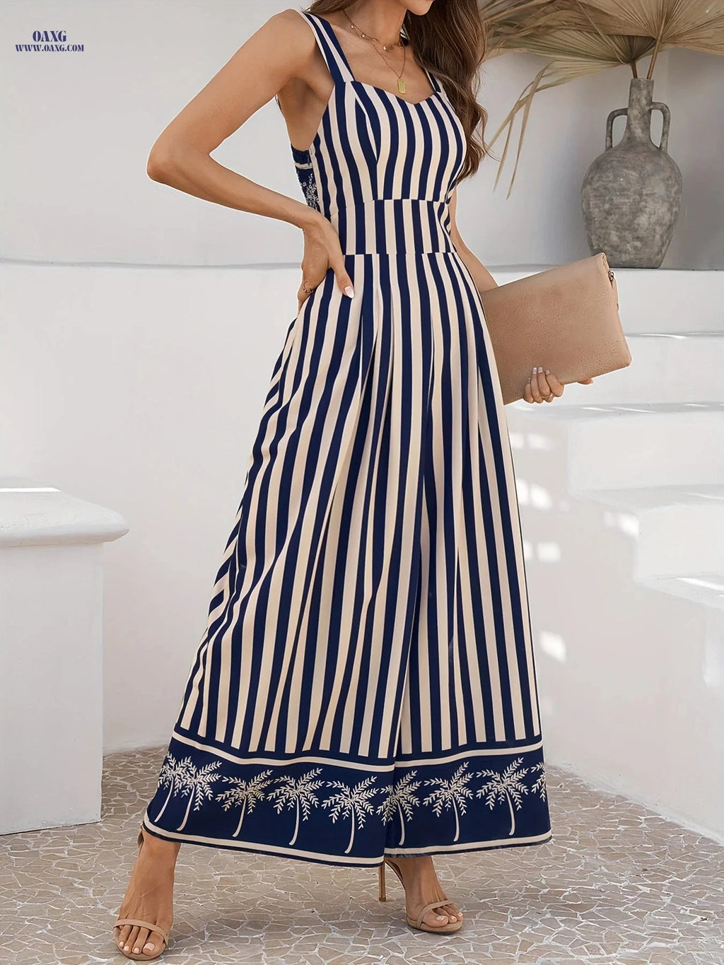 Ladies' Casual Wide-Leg Printed Jumpsuit - Strappy Back, Lightweight   OAXG Apricot / S