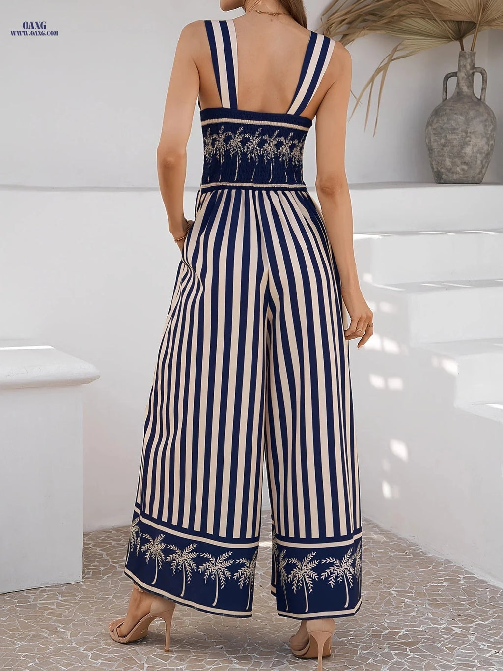 Ladies' Casual Wide-Leg Printed Jumpsuit - Strappy Back, Lightweight   OAXG Apricot / S