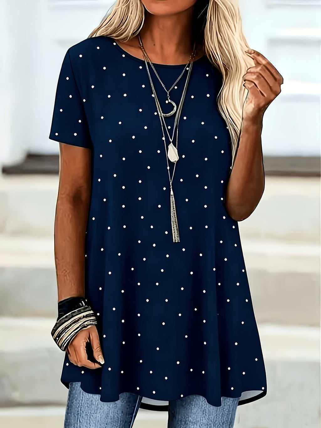 Ladies' Elegant Printed Round Neck Short Sleeve Casual Top   OAXG Navy Color / S