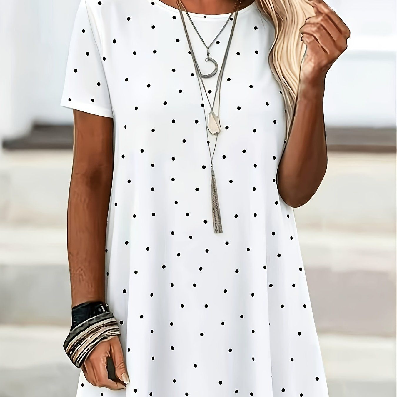 Ladies' Elegant Printed Round Neck Short Sleeve Casual Top   OAXG Navy Color / S