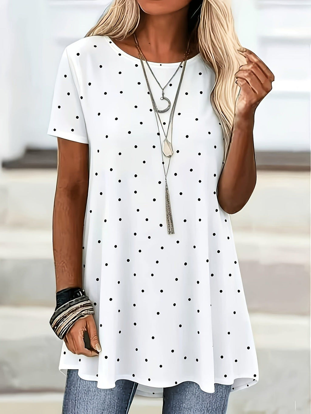 Ladies' Elegant Printed Round Neck Short Sleeve Casual Top   OAXG Navy Color / S