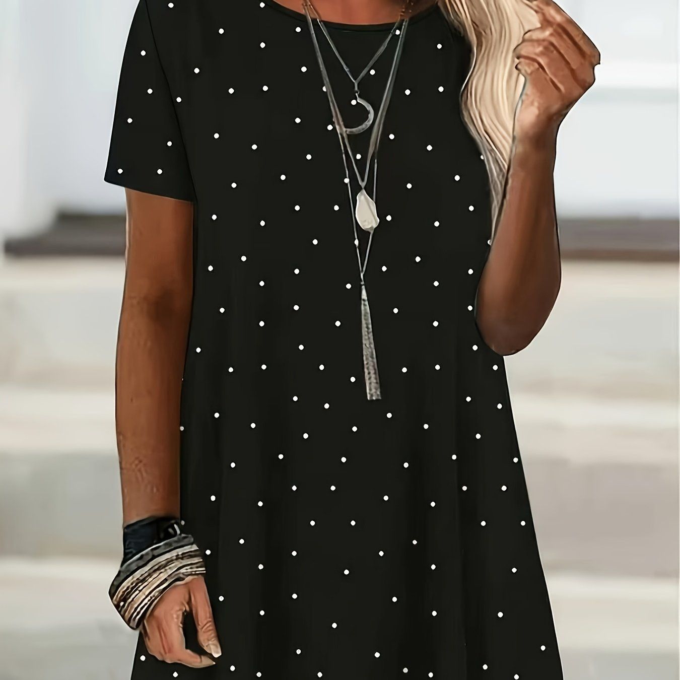 Ladies' Elegant Printed Round Neck Short Sleeve Casual Top   OAXG Navy Color / S