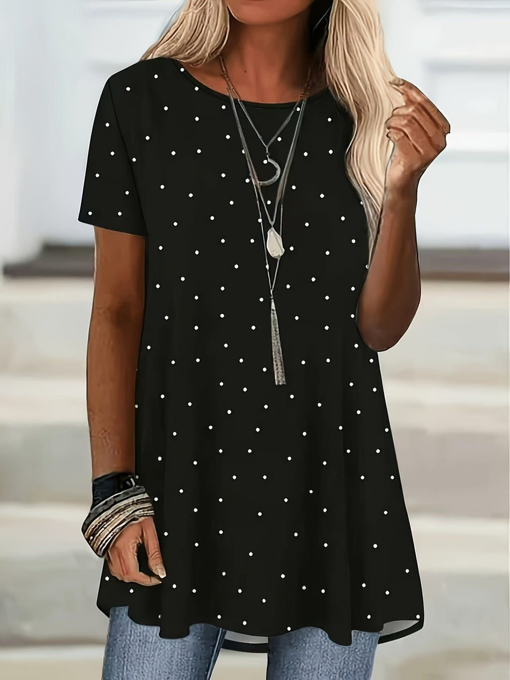 Ladies' Elegant Printed Round Neck Short Sleeve Casual Top   OAXG Navy Color / S