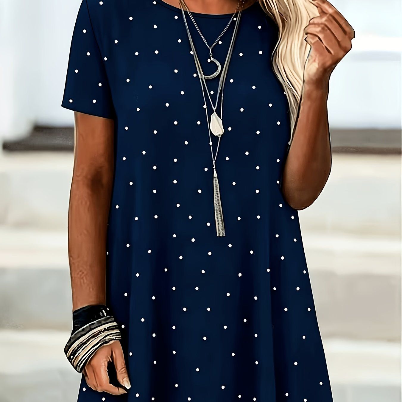 Ladies' Elegant Printed Round Neck Short Sleeve Casual Top   OAXG Navy Color / S