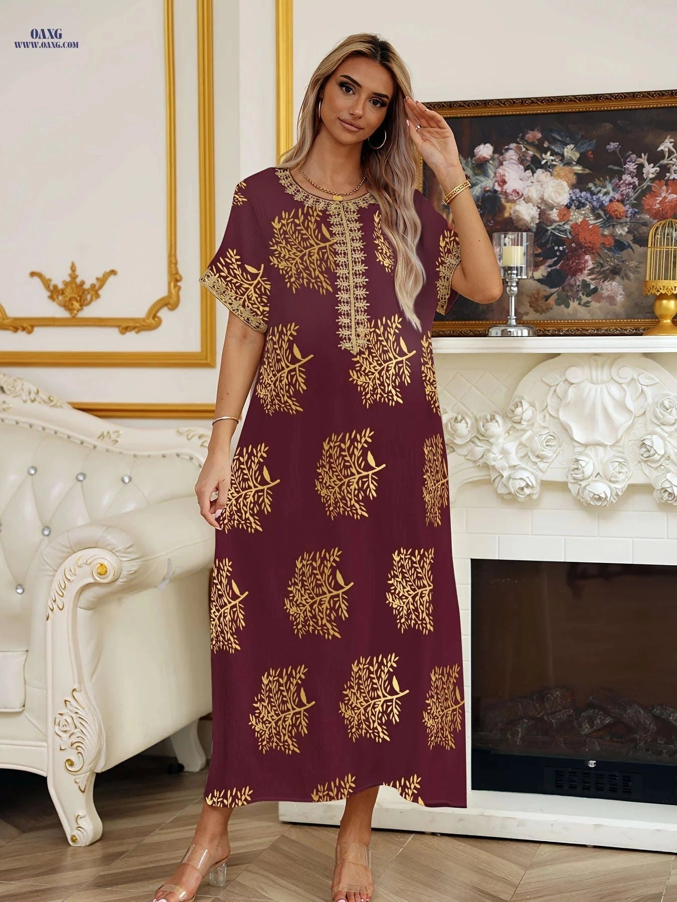 Ladies' Golden Tribal Long Dress - Casual Lace Round Neck for Summer   OAXG 