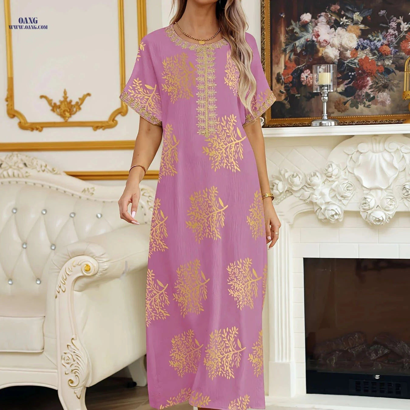 Ladies' Golden Tribal Long Dress - Casual Lace Round Neck for Summer   OAXG 