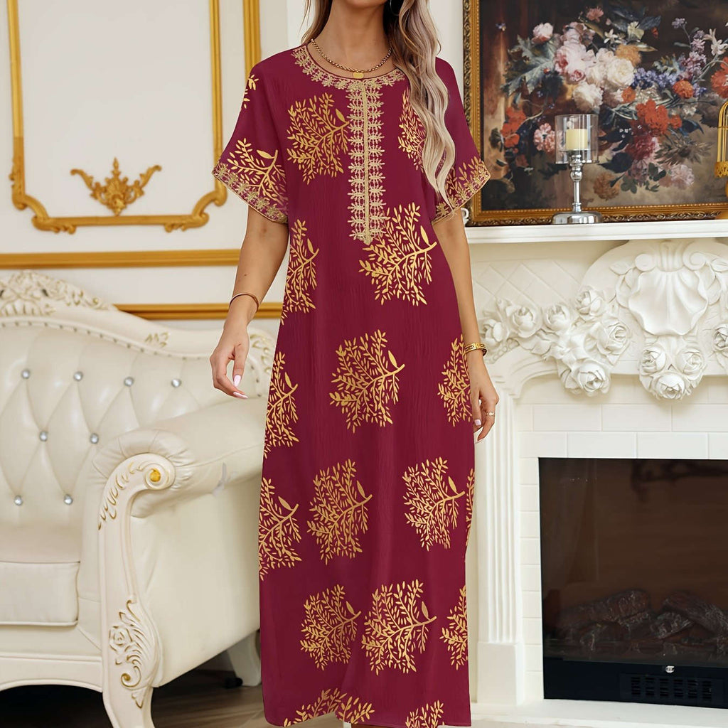 Ladies' Golden Tribal Long Dress - Casual Lace Round Neck for Summer   OAXG 