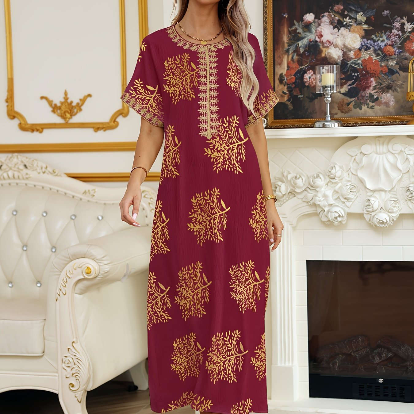 Ladies' Golden Tribal Long Dress - Casual Lace Round Neck for Summer   OAXG 