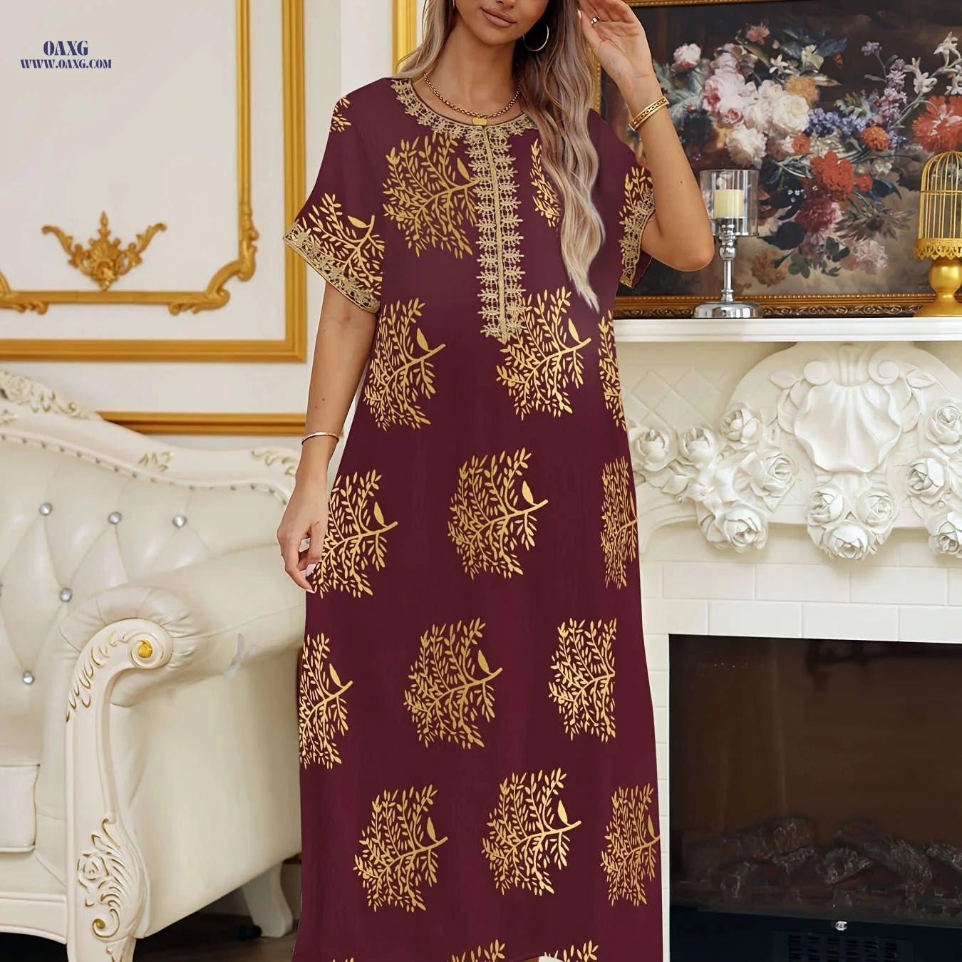 Ladies' Golden Tribal Long Dress - Casual Lace Round Neck for Summer   OAXG 