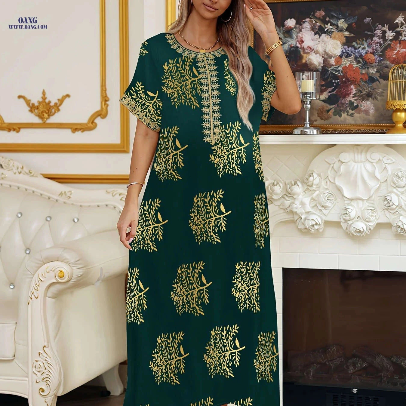 Ladies' Golden Tribal Long Dress - Casual Lace Round Neck for Summer   OAXG 