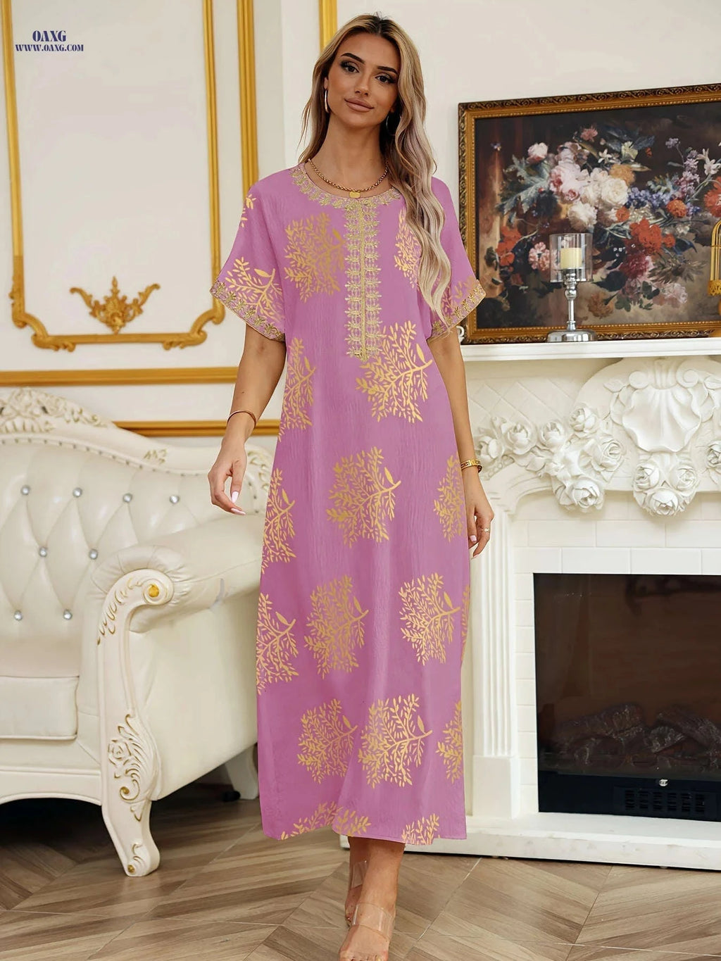 Ladies' Golden Tribal Long Dress - Casual Lace Round Neck for Summer   OAXG Black / S
