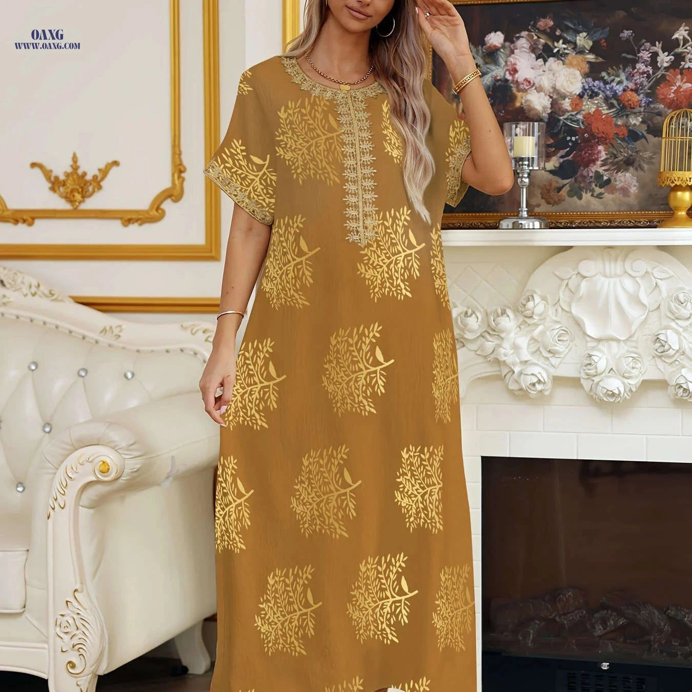 Ladies' Golden Tribal Long Dress - Casual Lace Round Neck for Summer   OAXG Black / S