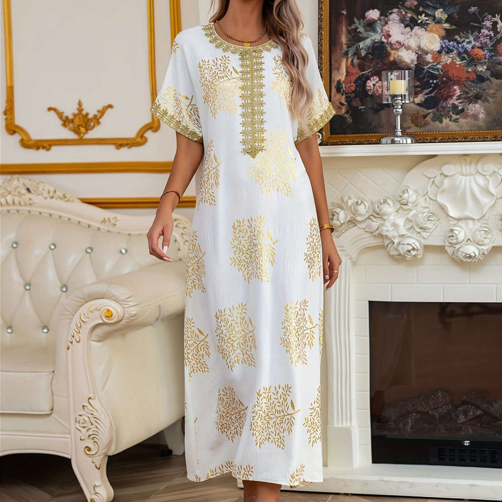 Ladies' Golden Tribal Long Dress - Casual Lace Round Neck for Summer   OAXG Black / S