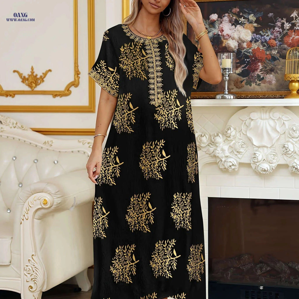 Ladies' Golden Tribal Long Dress - Casual Lace Round Neck for Summer   OAXG Black / S